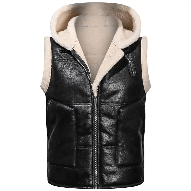 Winter Men's Fleece Warm PU Leather Vests Classical Men Faux Fur Motorcycle Leather Vests Men Windbreaker Hooded Vests