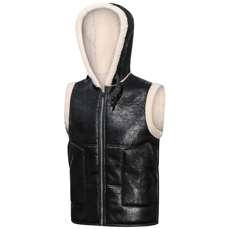 Winter Men's Fleece Warm PU Leather Vests Classical Men Faux Fur Motorcycle Leather Vests Men Windbreaker Hooded Vests