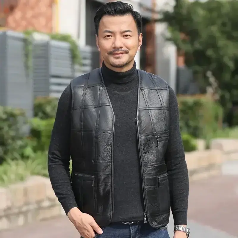 Autumn Winter Men's Leather Vest Men's Thick Warm ...