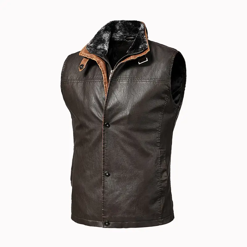 Man Leather Vest Fashion Vintage Stand Collar Zipper Male Cargo Waistcoat Sleeveless Waterproof Loose Men Coat