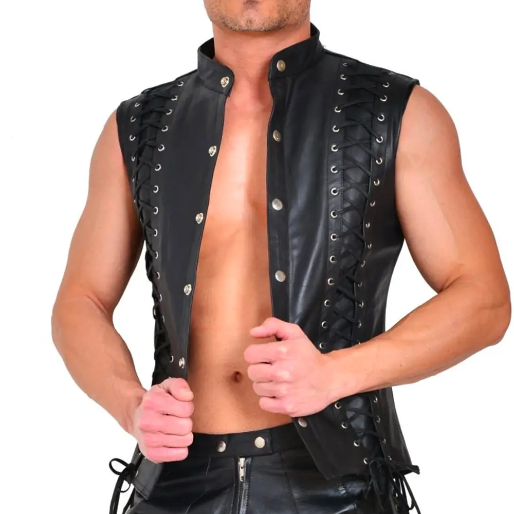 Men's Punk Style Leather Vests With Bandage Fashio...