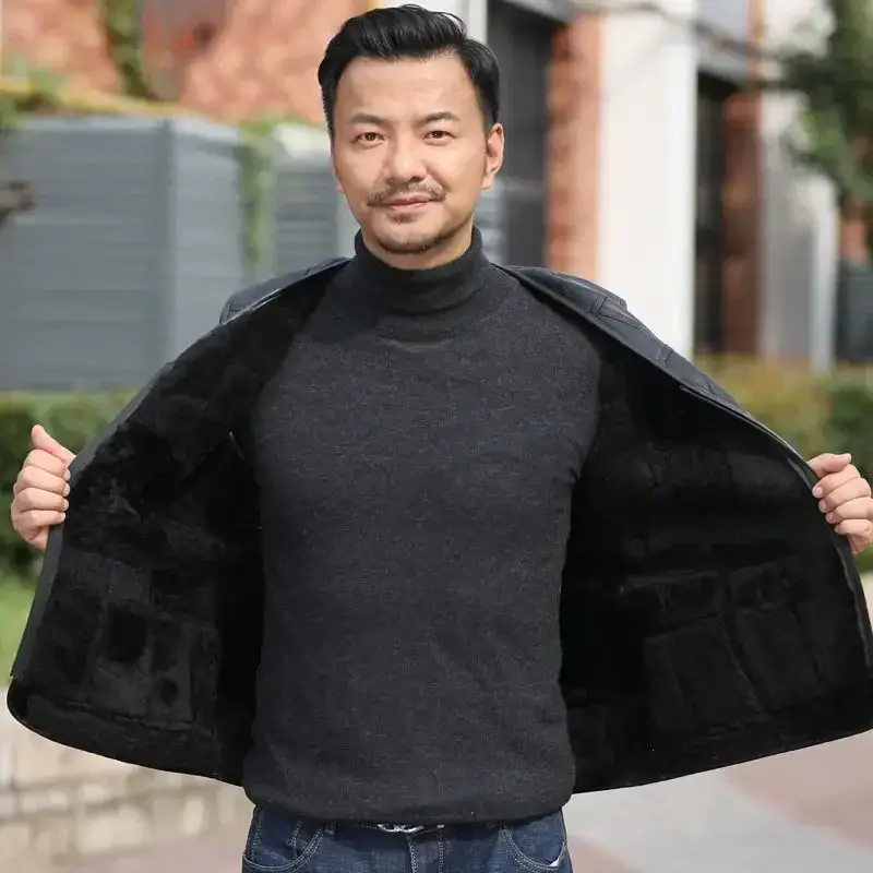Autumn Winter Men's Leather Vest Men's Thick Warm Sheepskin Vest Wool Fleece Sleeveless Coats
