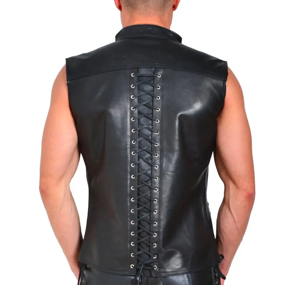 Men's Punk Style Leather Vests With Bandage Fashion Club Stage Wear Waistcoat Skinny PU Sleeveless Jacket