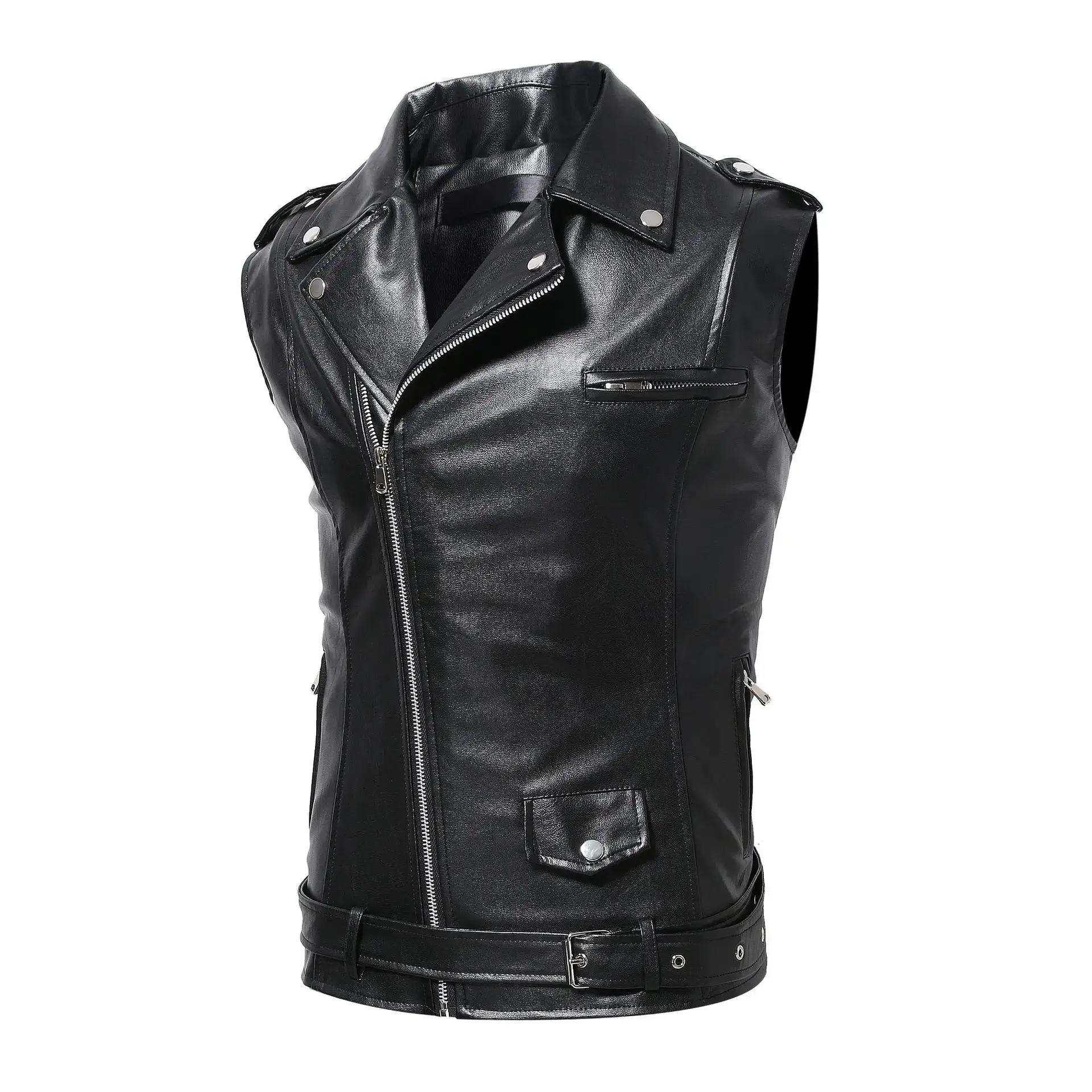 Men's Slim Fit Motorcycle PU Leather Vest Casual Style Male Jacket Vest