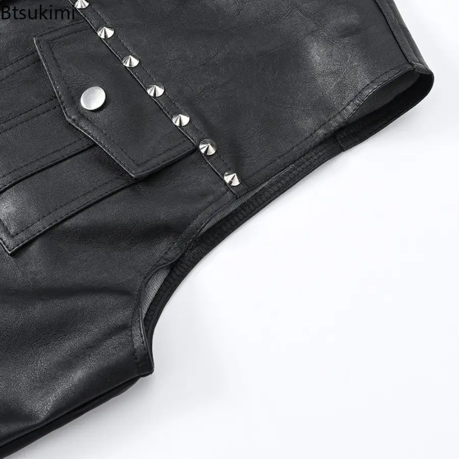 Men's Punk Style Leather Vest Vintage Sleeveless Motorcycle Waistcoat with Rivets Fashion High Street PU Jackets Male