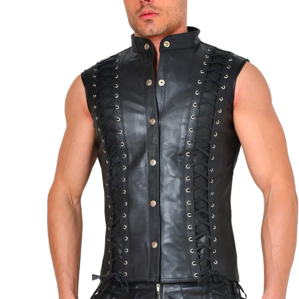 Men's Punk Style Leather Vests With Bandage Fashion Club Stage Wear Waistcoat Skinny PU Sleeveless Jacket