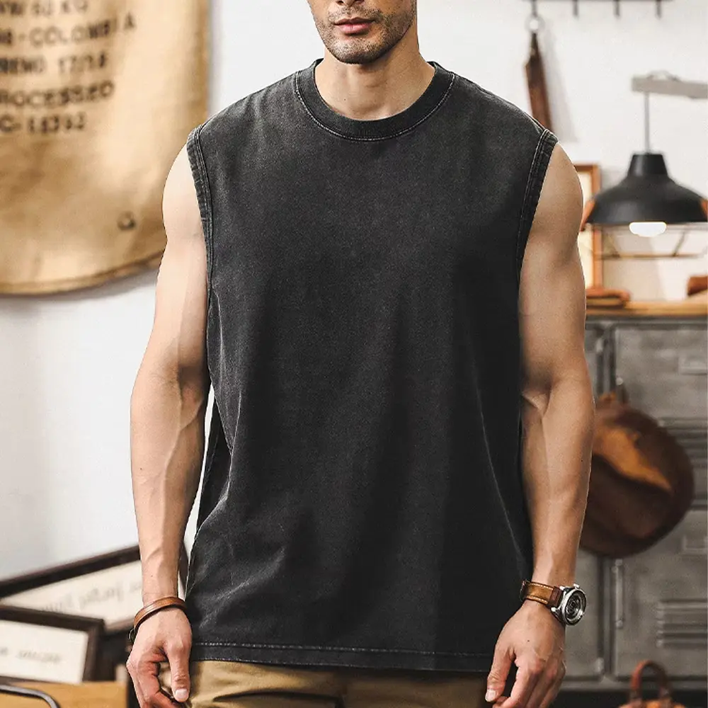 Pure Cotton Washed Solid Color Sleeveless Vest Tre...