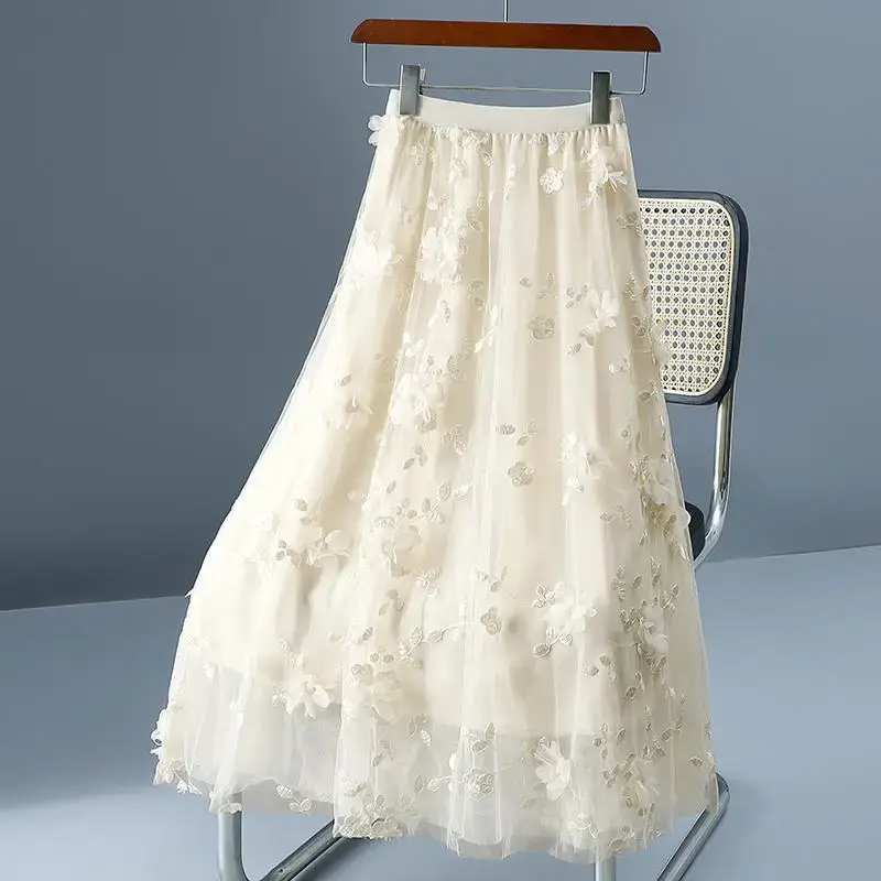 Casual Skirt for Women Floral Spliced Mesh Streetwear Elastic High Waist A-line