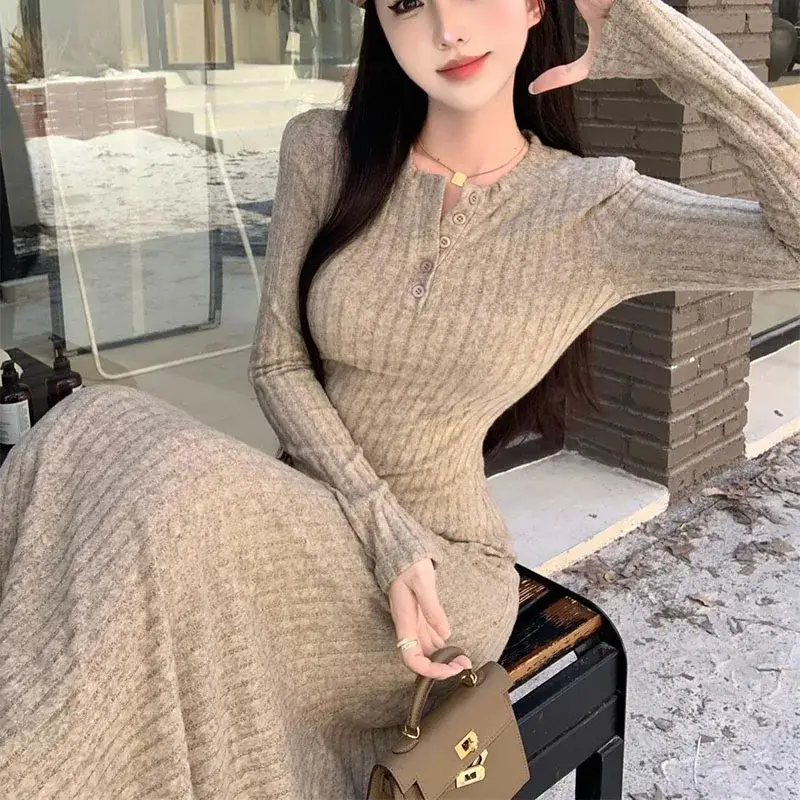 Vintage Women's Slim Fit High Waist Knitted Dress Autumn Winter Long Sleeve Thick Warm Streetwear Vestidos