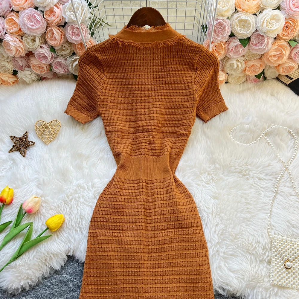 Women's Elegant Sexy Wrap Hip Knitted Dress Spring Summer Pearl Single Breasted Bodycon Office Lady Vestidos