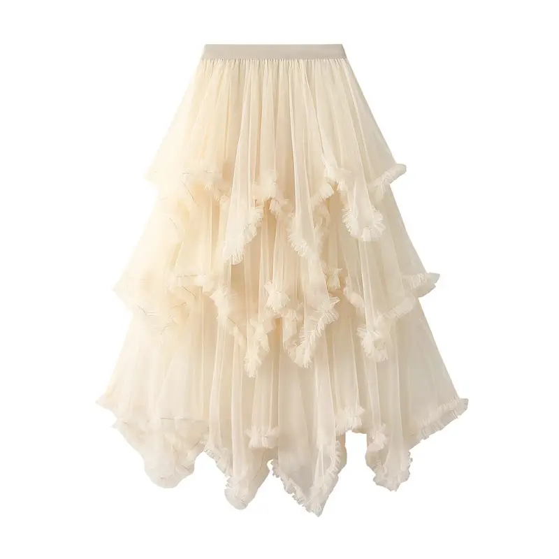 Long Skirt for Women Cute Irregular Mesh High Wais...