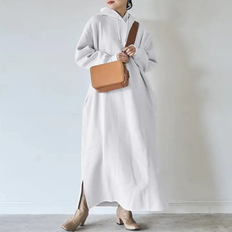 Women Loose Hooded Long Maxi Dress Female Tie Collar Long Sleeve Baggy Straight Sweatshirt Dresses
