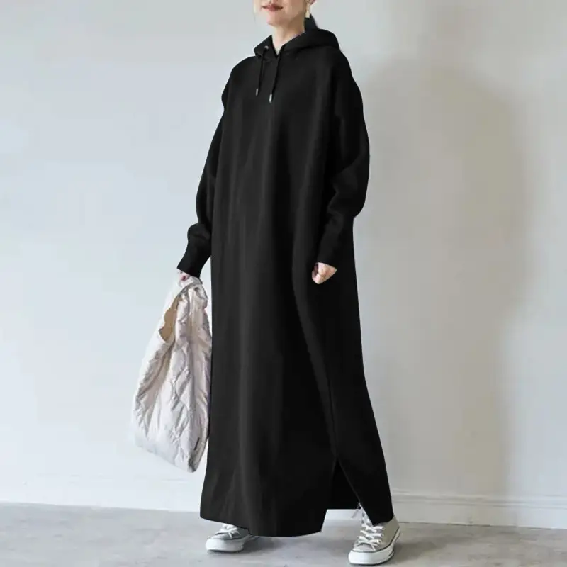 Women Loose Hooded Long Maxi Dress Female Tie Coll...
