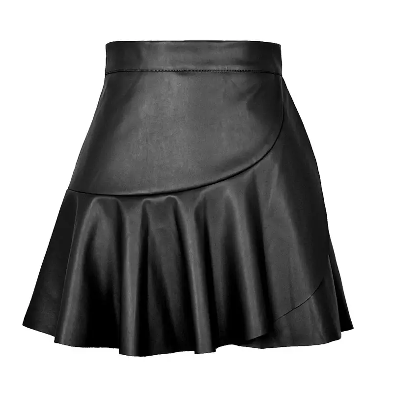 Women Faux Leather Skirts Elastic High Waist Ruffl...