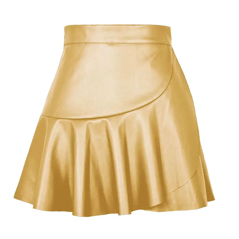 Women Faux Leather Skirts Elastic High Waist Ruffles Spliced Pleated Short Skirt Female Sexy Nightclub PU Leather
