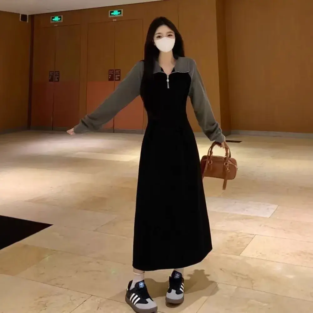 Casual Neck Long Sleeve Dress Women's Slimming Kne...