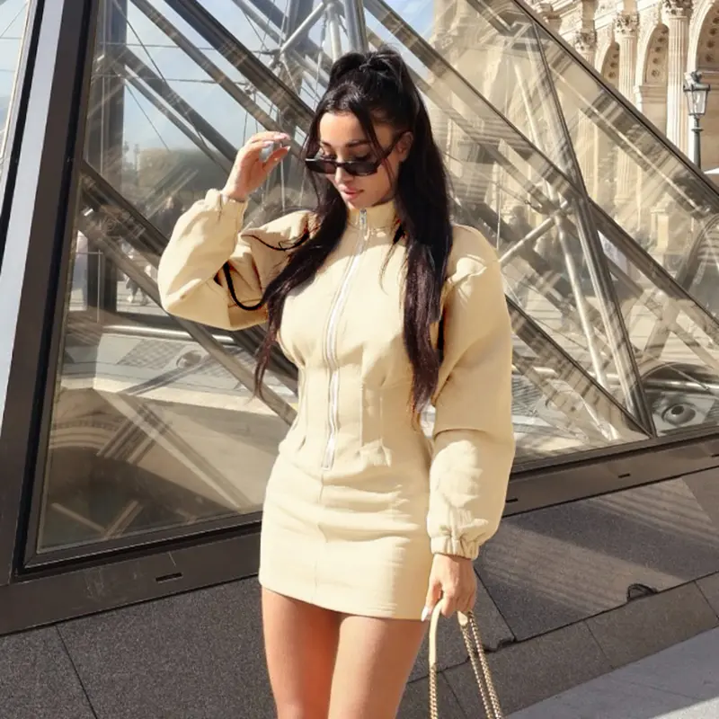 Women Casual Comfortable Long-Sleeve Stand Collar Zipper-Front Waist-Defining Sweatshirt Street Dress