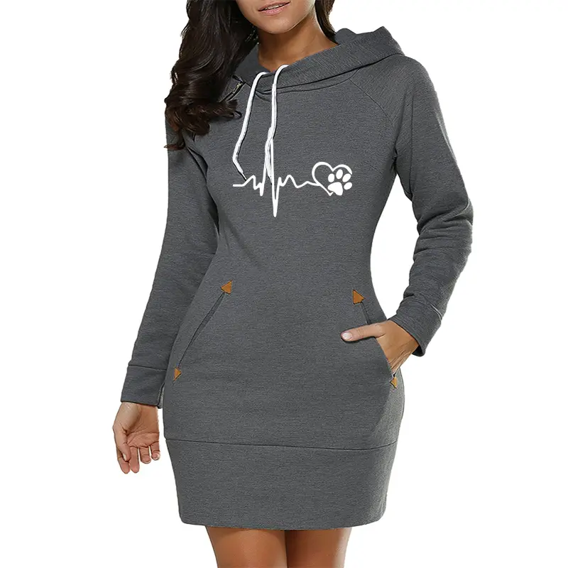 Women Dresses Pockets Simple Hooded Daily Sweatshirt Fashion Zip Neckline Sports Warm Casual