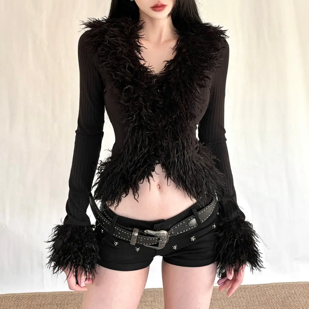 Women's Patchwork Fur Long-Sleeved Cropped Design