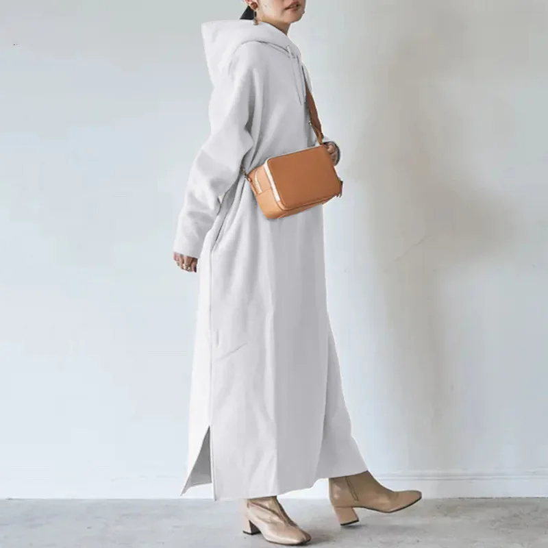 Women Loose Hooded Long Maxi Dress Female Tie Collar Long Sleeve Baggy Straight Sweatshirt Dresses