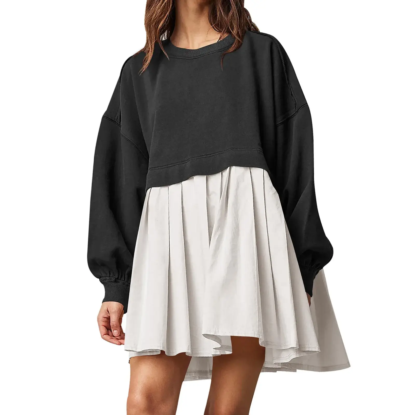 Loose Long Sleeve Patchwork Pleated Sweatshirt Dress Women's Fashion Mini Skirt Round Neck