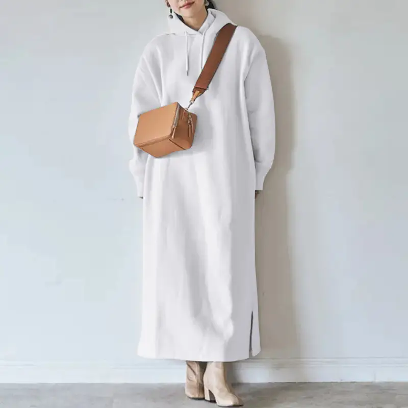 Women Loose Hooded Long Maxi Dress Female Tie Collar Long Sleeve Baggy Straight Sweatshirt Dresses