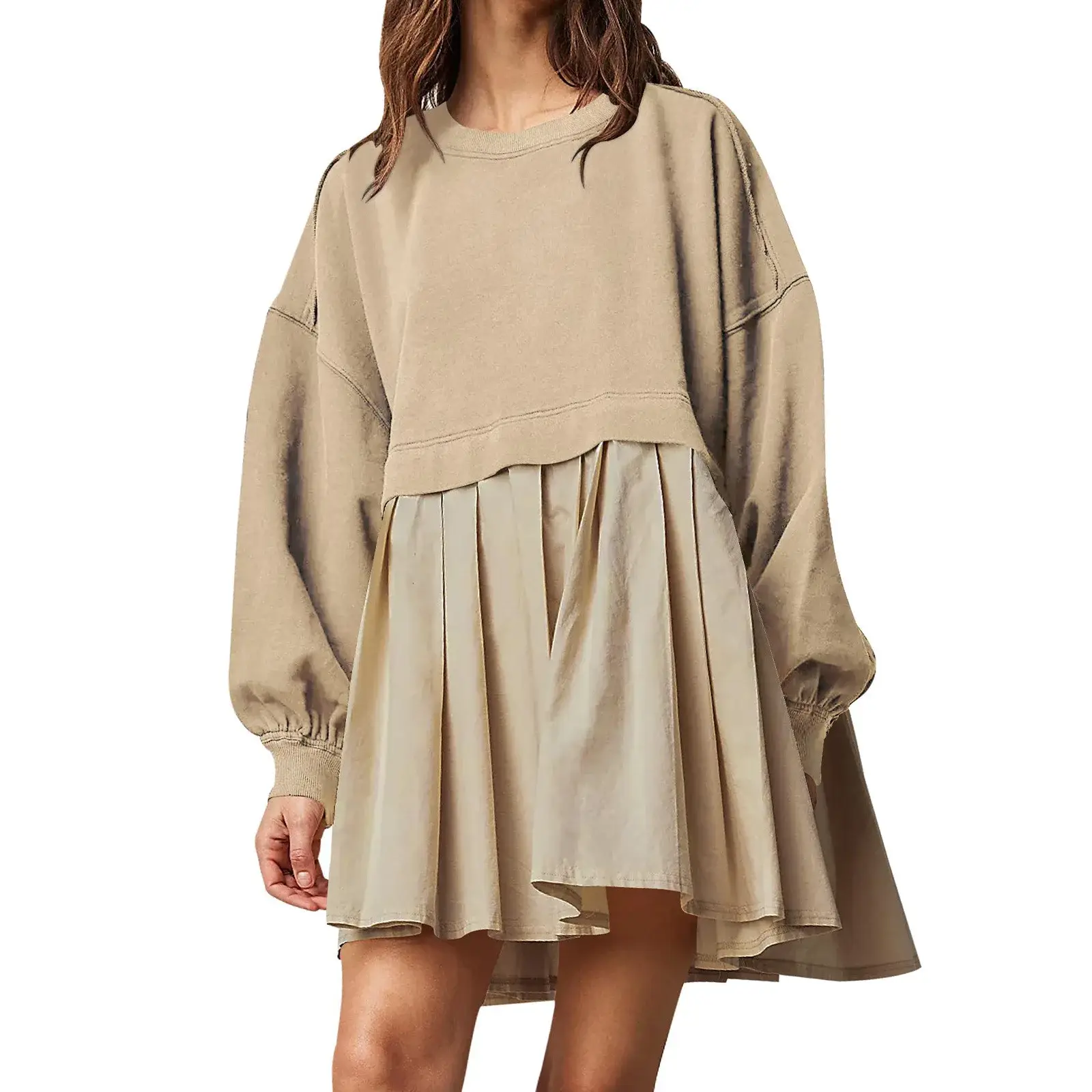 Loose Long Sleeve Patchwork Pleated Sweatshirt Dress Women's Fashion Mini Skirt Round Neck