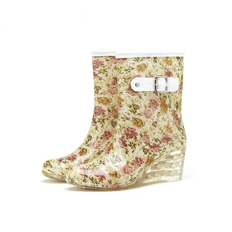 Women Rain Boots High Heel Fashion Rain Shoes Anti Slip Slope Heel Waterproof Overshoes