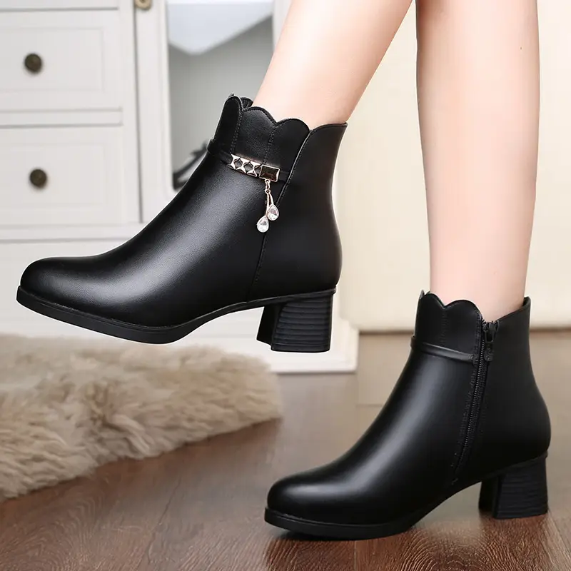 Fashion Women Soft Leather Ankle Boots Anti-slip Warm Plush Casual Elegant Thick Heel Boots