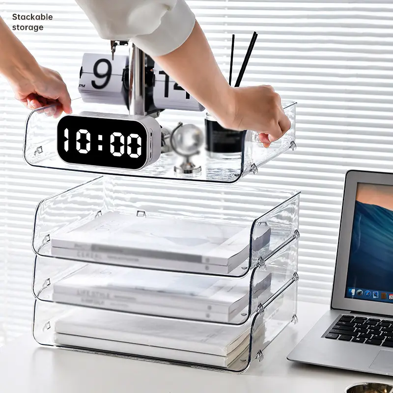 Desktop File Organizer Stackable Storage Tray Clear Paper Rack Stationery Box Transparent Holder