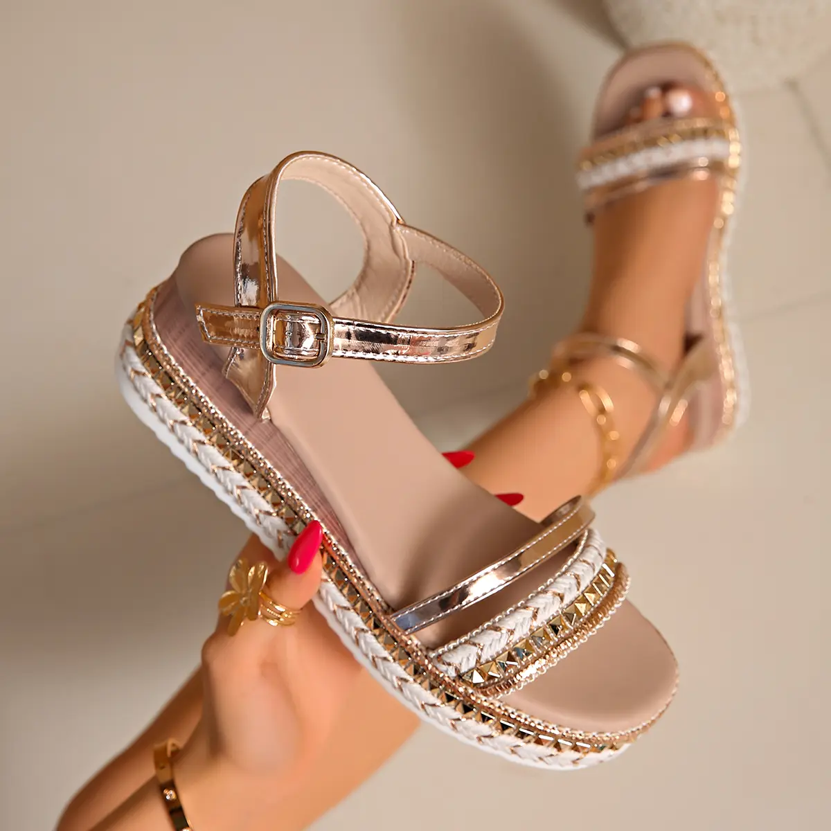 Summer Fashionable Women's Simple Sandals Buckle Ankle Strap One-Line Sandals Non-Slip Contrast Soles