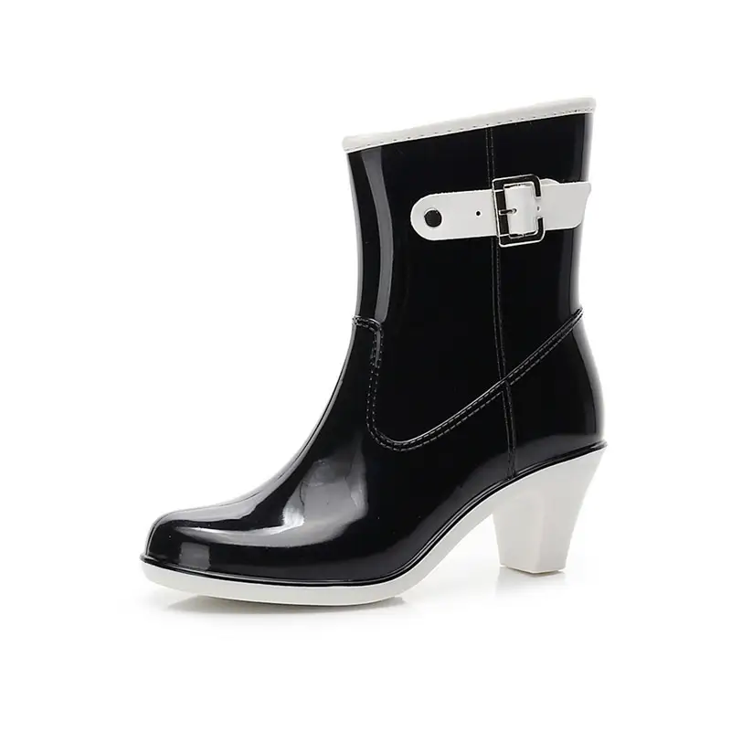 Women's Rain Boots Fashion Buckle Strap High-Heeled Soft Sole Ankle Boots Waterproof Plastic Shoes