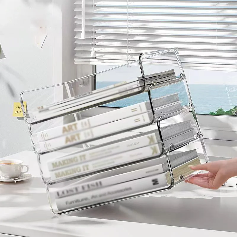 Desktop File Organizer Stackable Storage Tray Clear Paper Rack Stationery Box Transparent Holder