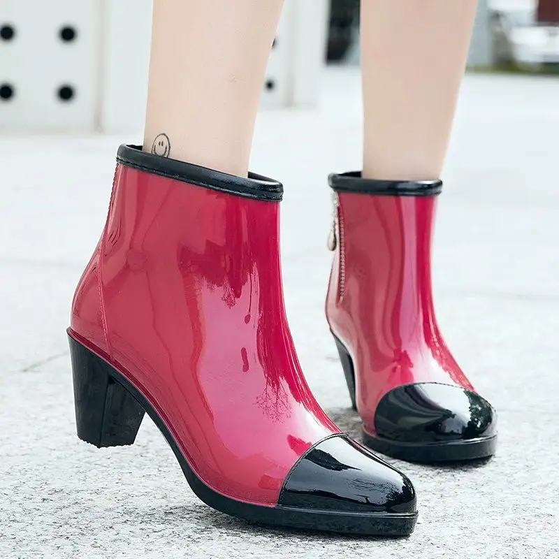 Women's Chunky Heel Waterproof Rubber Ankle Rain B...