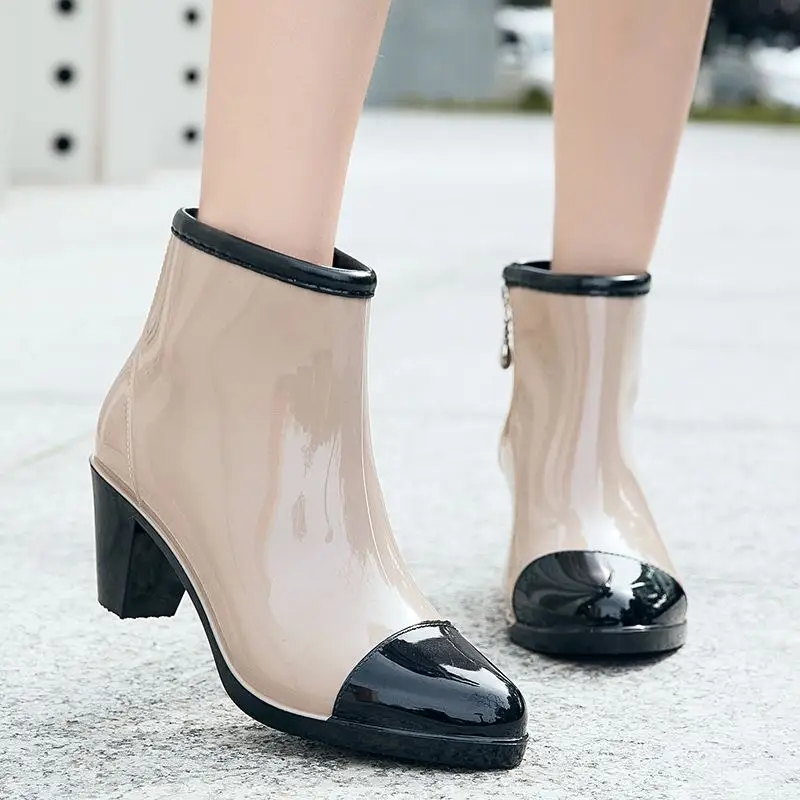Women Chunky Heels Rubber Shoes Waterproof Galoshes Ankle Boot Rainshoes