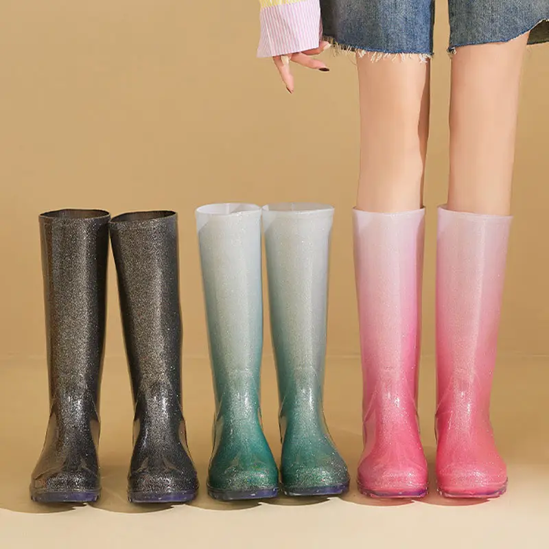 Women's Fashion Sequins Gradient Shoes Rain Boots Waterproof Gumboots