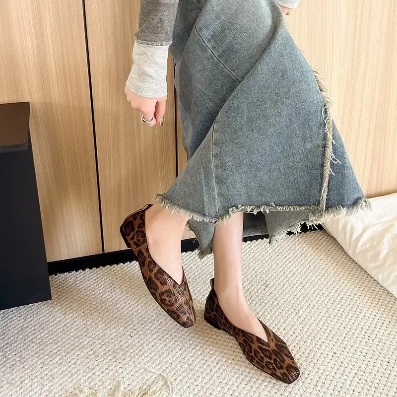Women's Flat Shoes Snakeskin Square Toe Women's Sh...