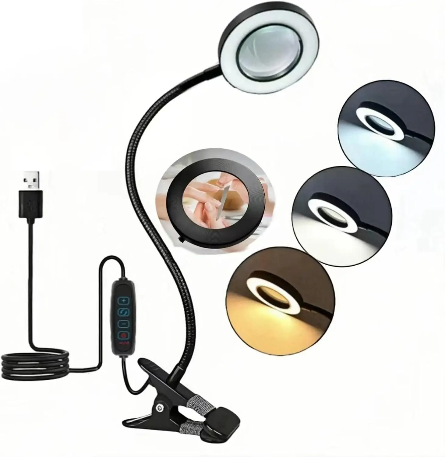 Clip-On Desk Lamp With Built-In Magnifying Glass And Three Adjustable Brightness Levels