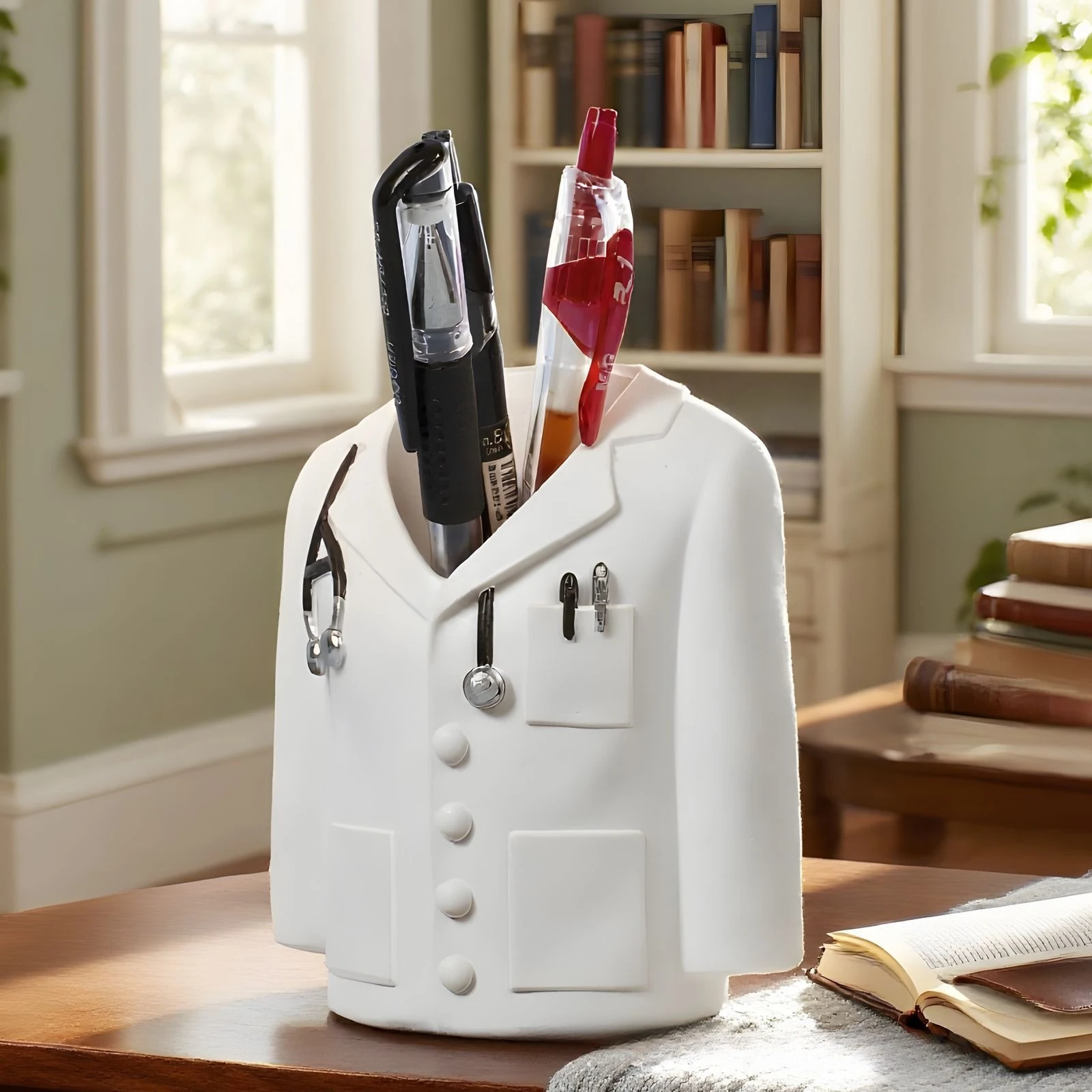 Creative White Coat Shaped Pen Holder Resin Crafts Office Desktop Decoration