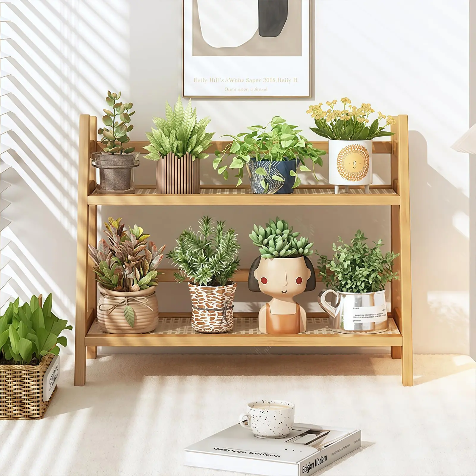 Double-Layer Desktop Organizer Rack Featuring Wooden Shelves