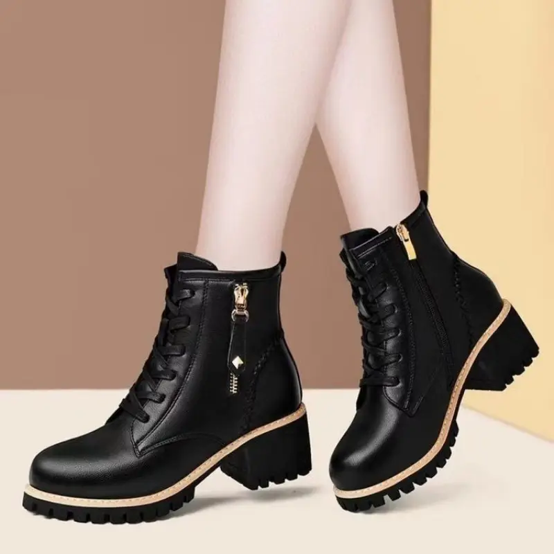 Women's Chunky Sole Ankle Boots ​Lace-Up Side-Zip Boots