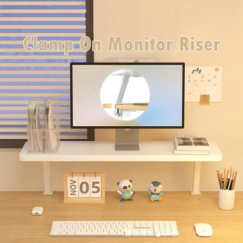 Floating Desktop Bookshelf Clamp On Monitor Riser Elevated Storage Rack Booster Shelf