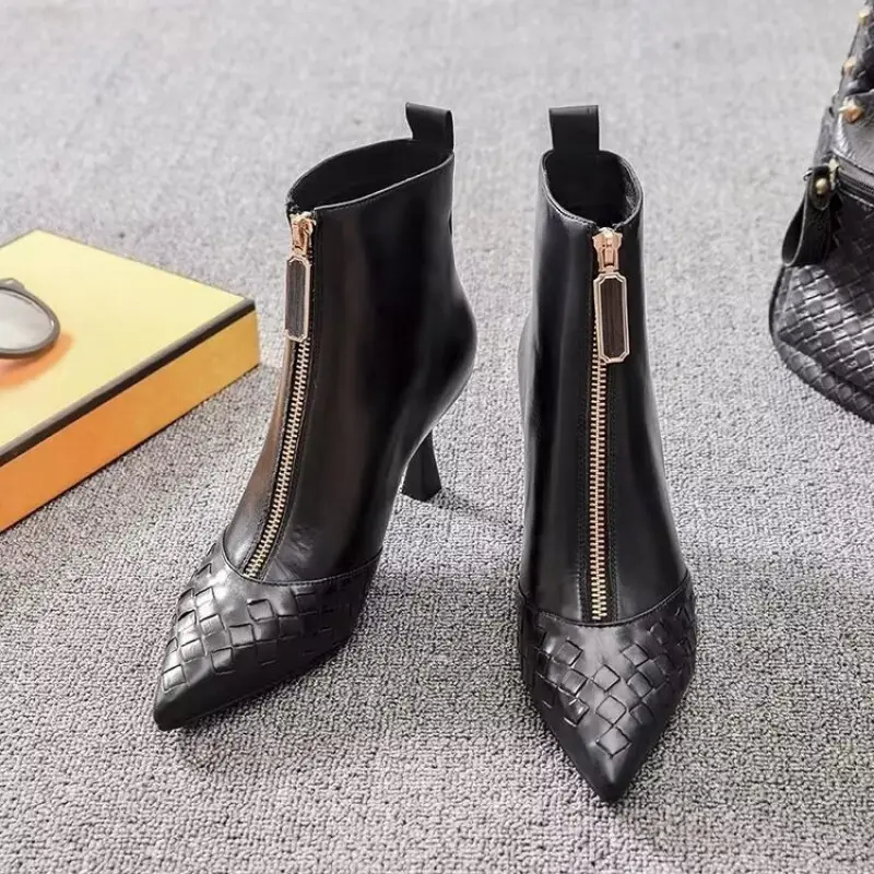 Women's Fashion Ankle Boots Glossy Leather Quilted Booties with Front Zipper Mid-Heel Boots