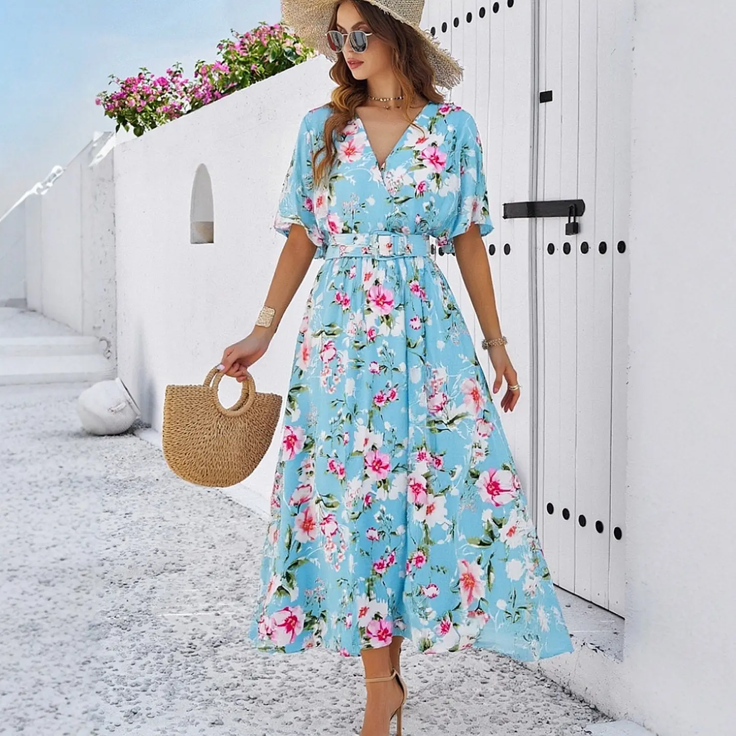 Flower Print Women's Elegant Belted Short Sleeve Slim Waist Long Beach Vacation Dress