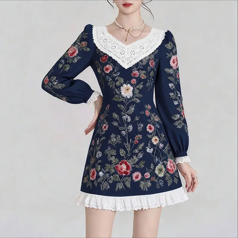 Floral Print Women's Mini Dress Long Puff Sleeve Lace Patchwork Sexy V-Neck Street Style Dress