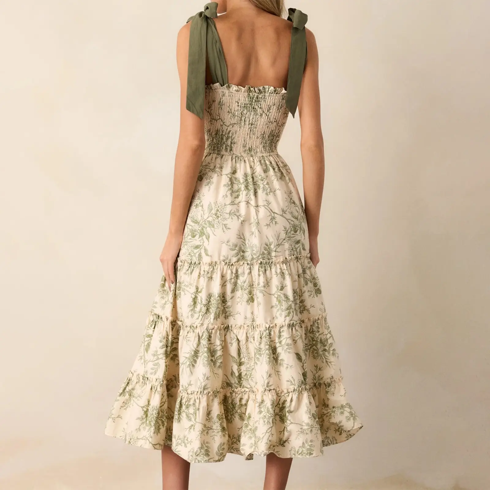 Women's Floral Print Ruffle Trim Smocked Sleeveles...