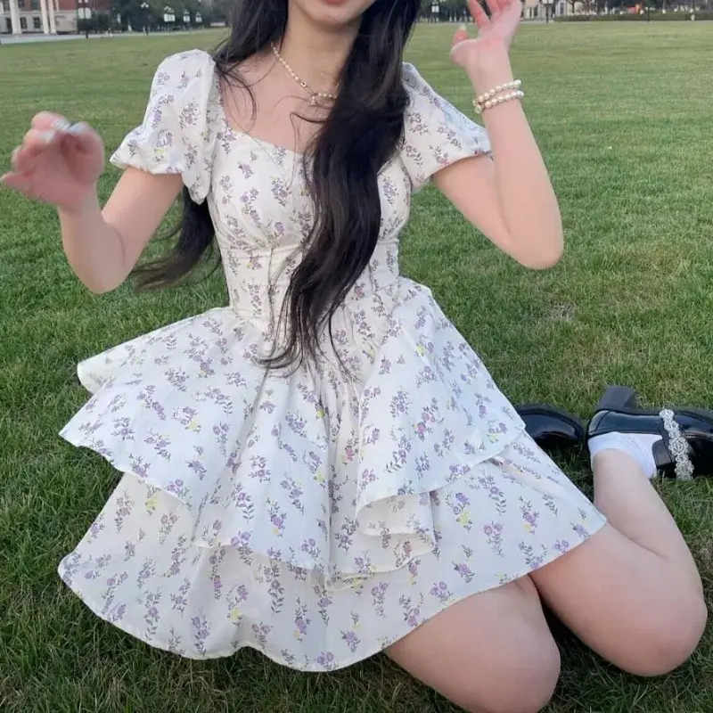 Short Floral Patchwork Party Dress French Sweet Fairy Style Dress