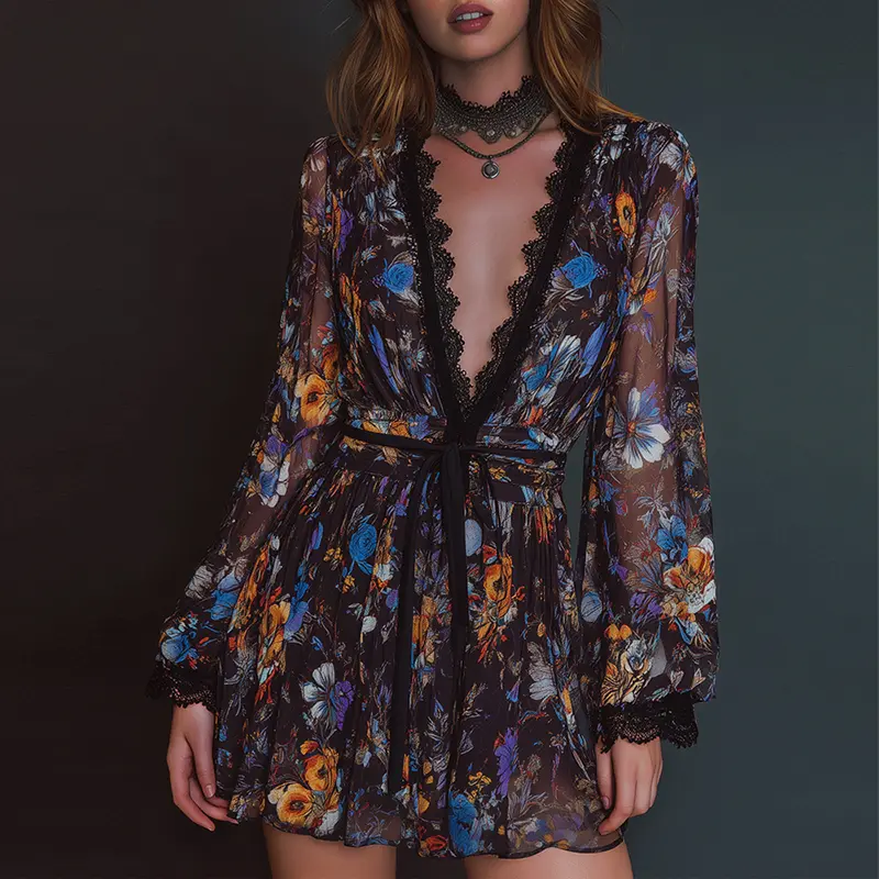 Elegant Lace Patchwork Pleated Mini Dress for Women Vintage Floral Print V-Neck Chiffon Deep V Long Sleeve Party Gown