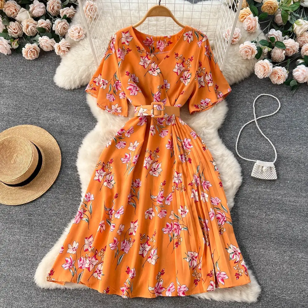Flower Print Women's Elegant Belted Short Sleeve Slim Waist Long Beach Vacation Dress