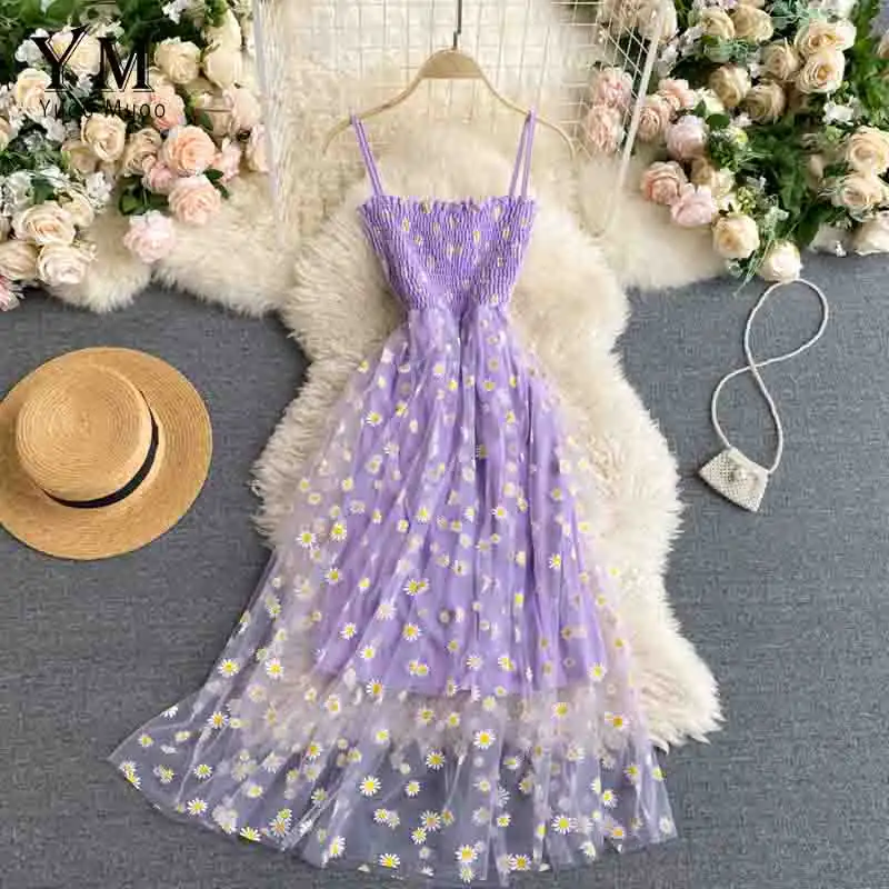 Fashion Daisy Floral Print Mesh Party Dress Summer Two-Layer Spaghetti Strap Vacation Midi Beach Dress